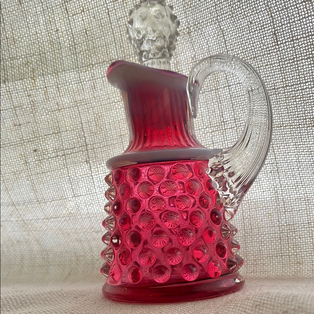Fenton Glass Cranberry Opalescent Hobnail Oil Bottle Cruet w/ Crystal Stopper - Picture 4 of 16